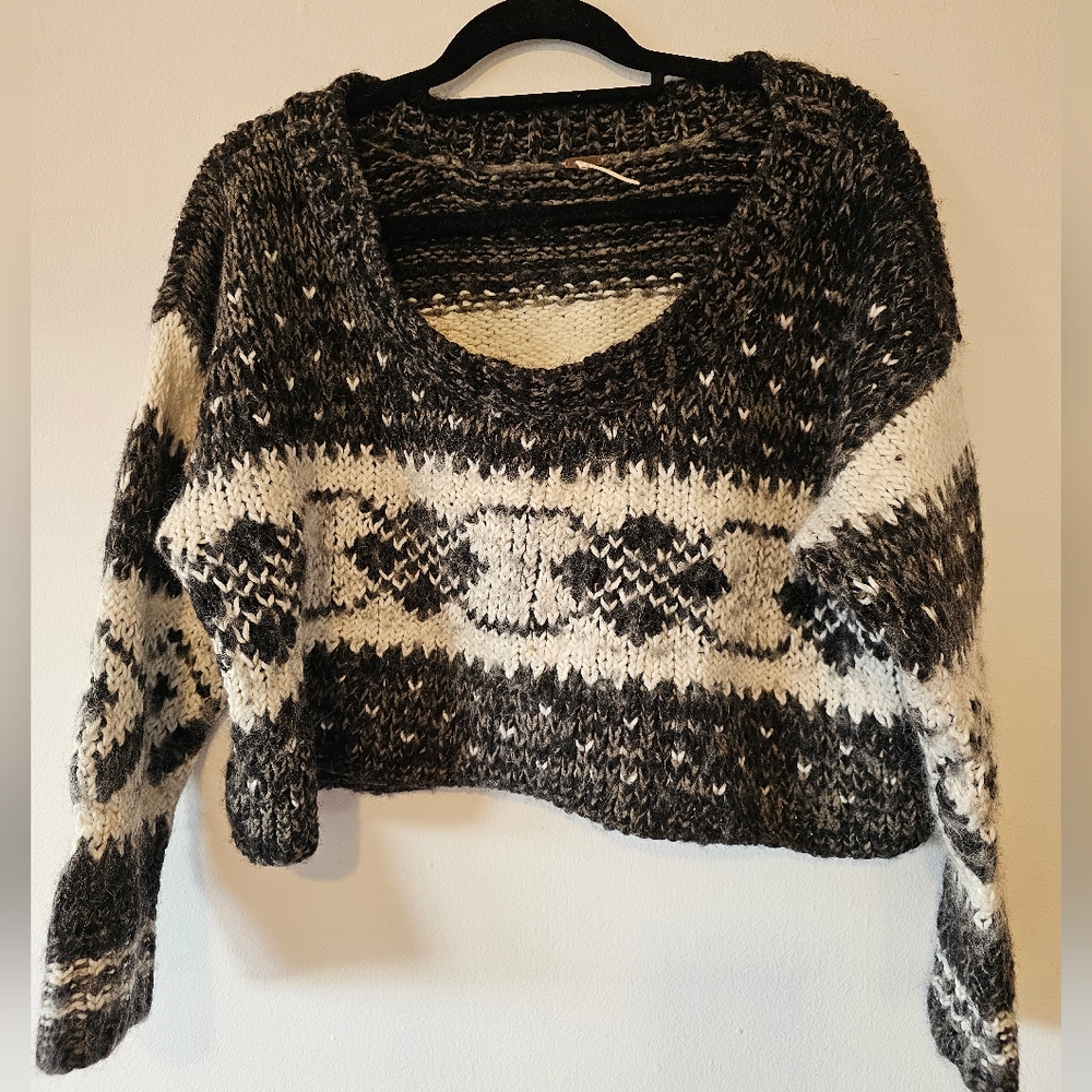 Free People | Black Fair Isle Nordic Crop Sweater As Seen On Vanessa Hudgens